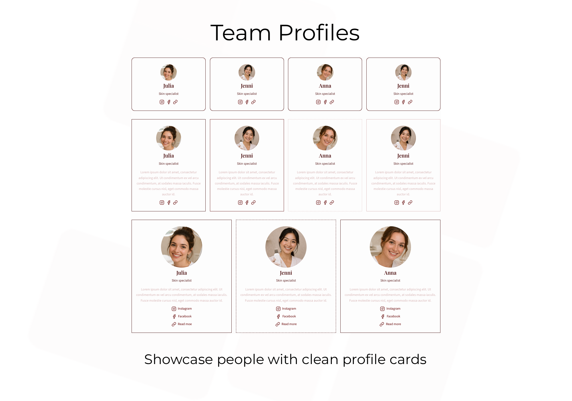 Team Member profile cards with photos, roles, biographies, and social links.