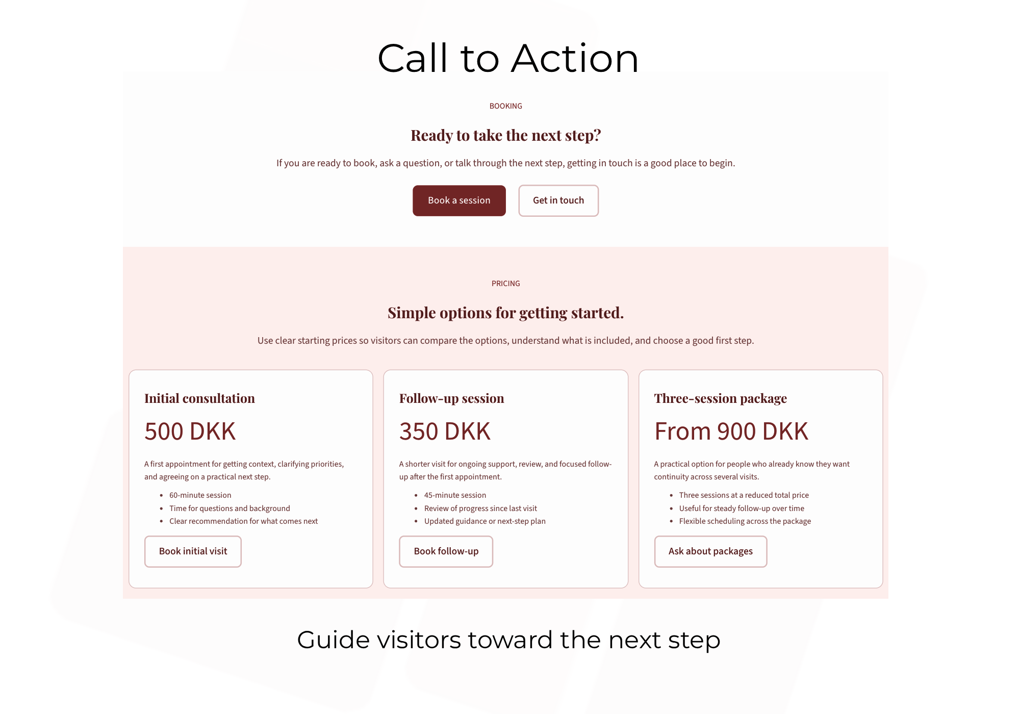 Call-to-action and pricing sections that guide visitors toward booking or contact.