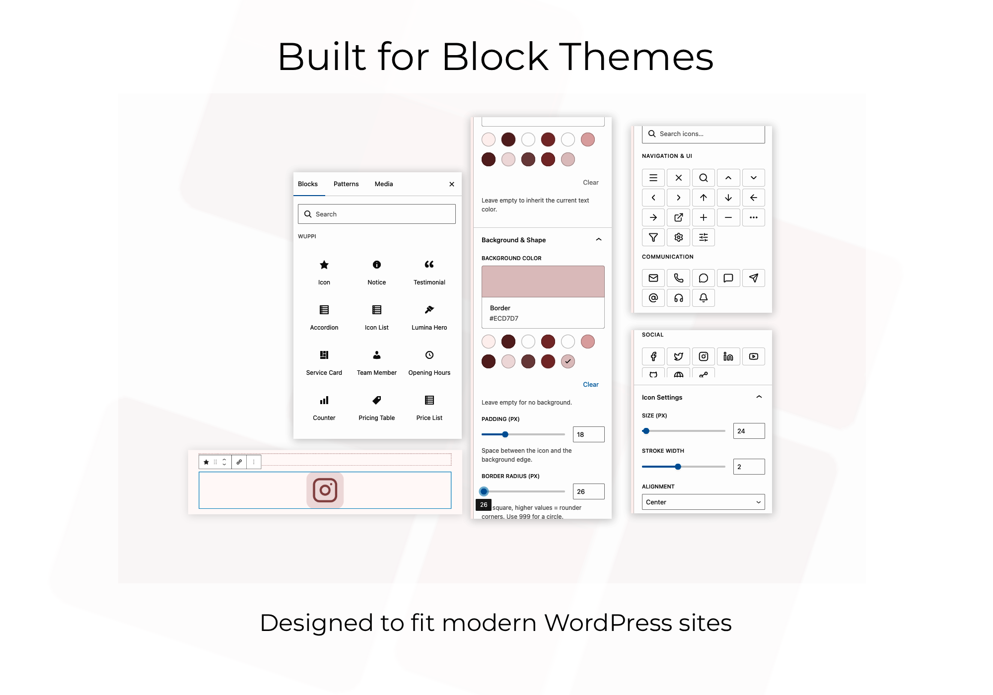 The editor experience, including the Wuppi block collection, icon picker, and block controls.
