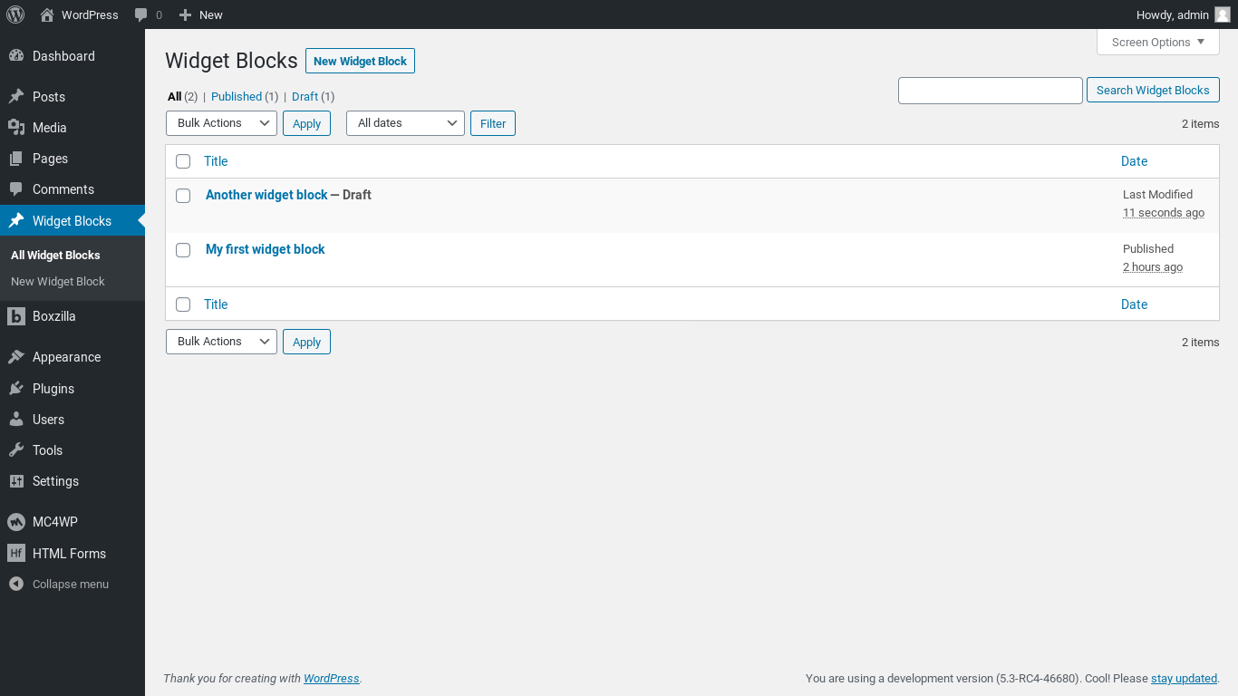 Overview of created Widget Blocks.