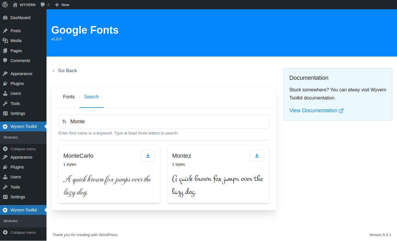 Google Fonts module: Search fonts tab