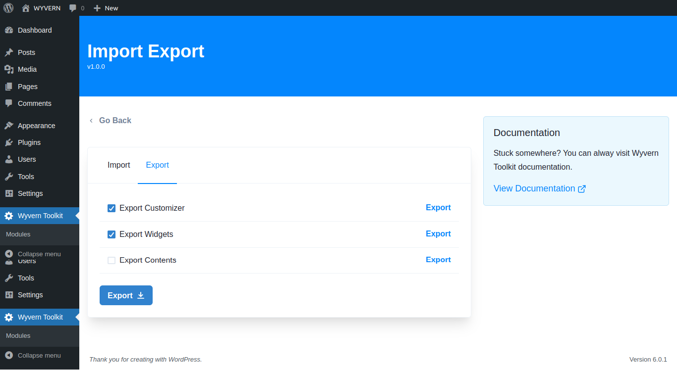 Import Export module: Export tab