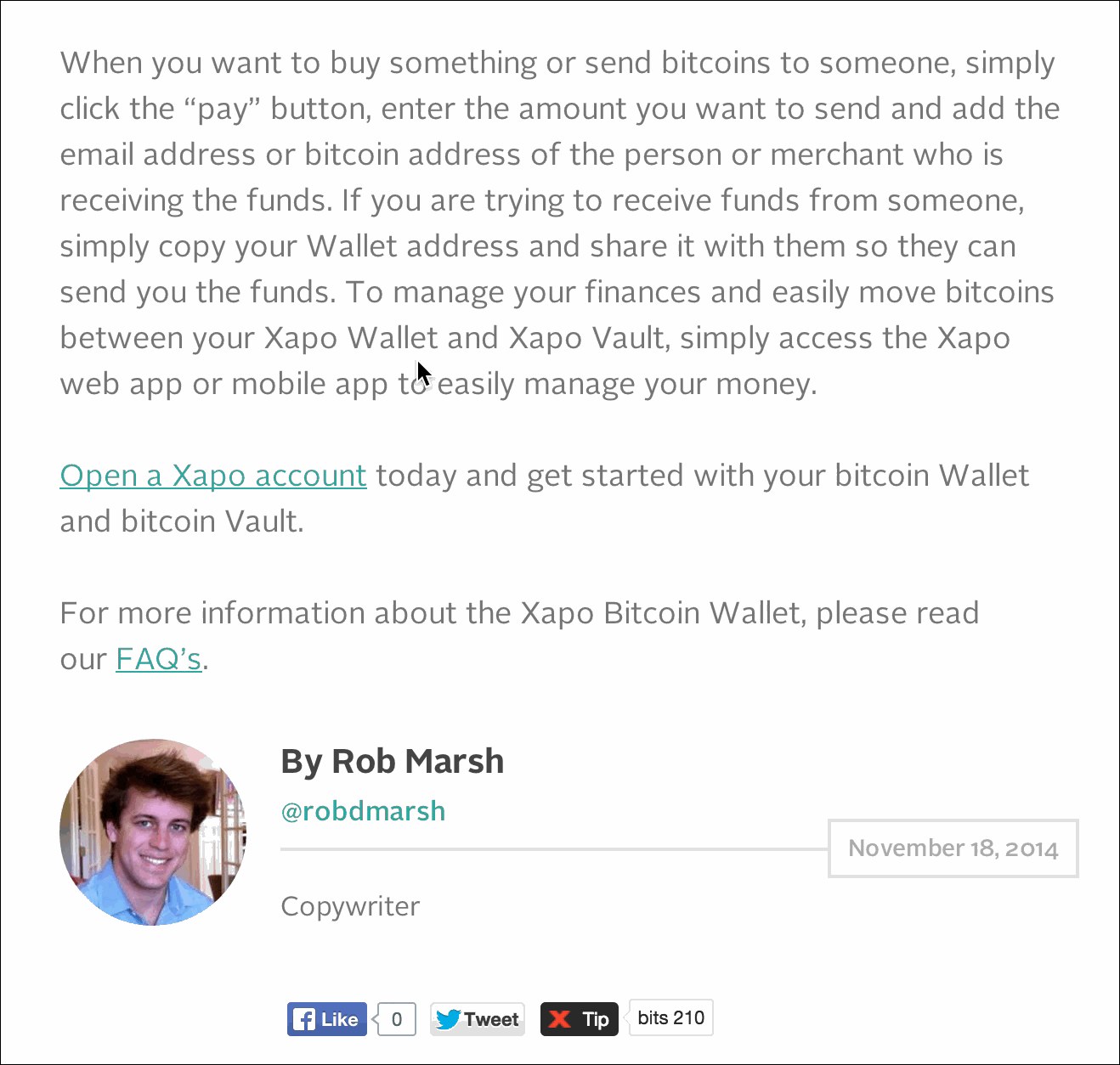 The plugin adds a Tip button at the end of each blog post.