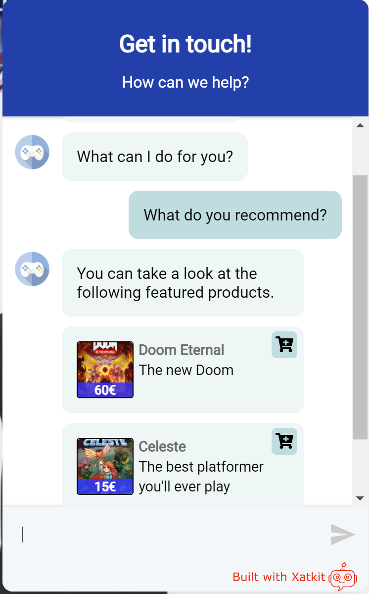 An example of a bot conversation. Here, the bot recomments featured products