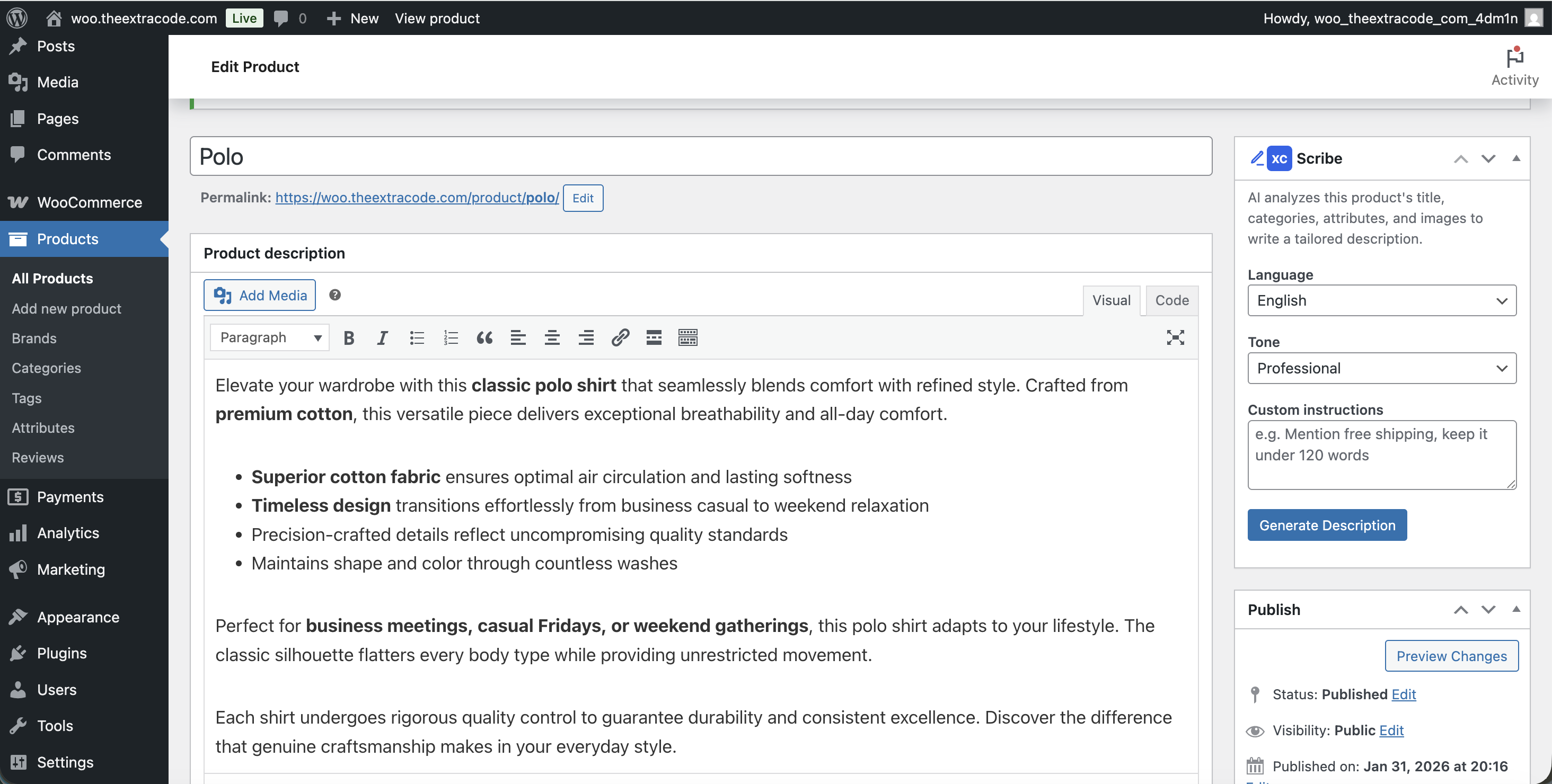 Product metabox — generate descriptions from the WooCommerce product editor
