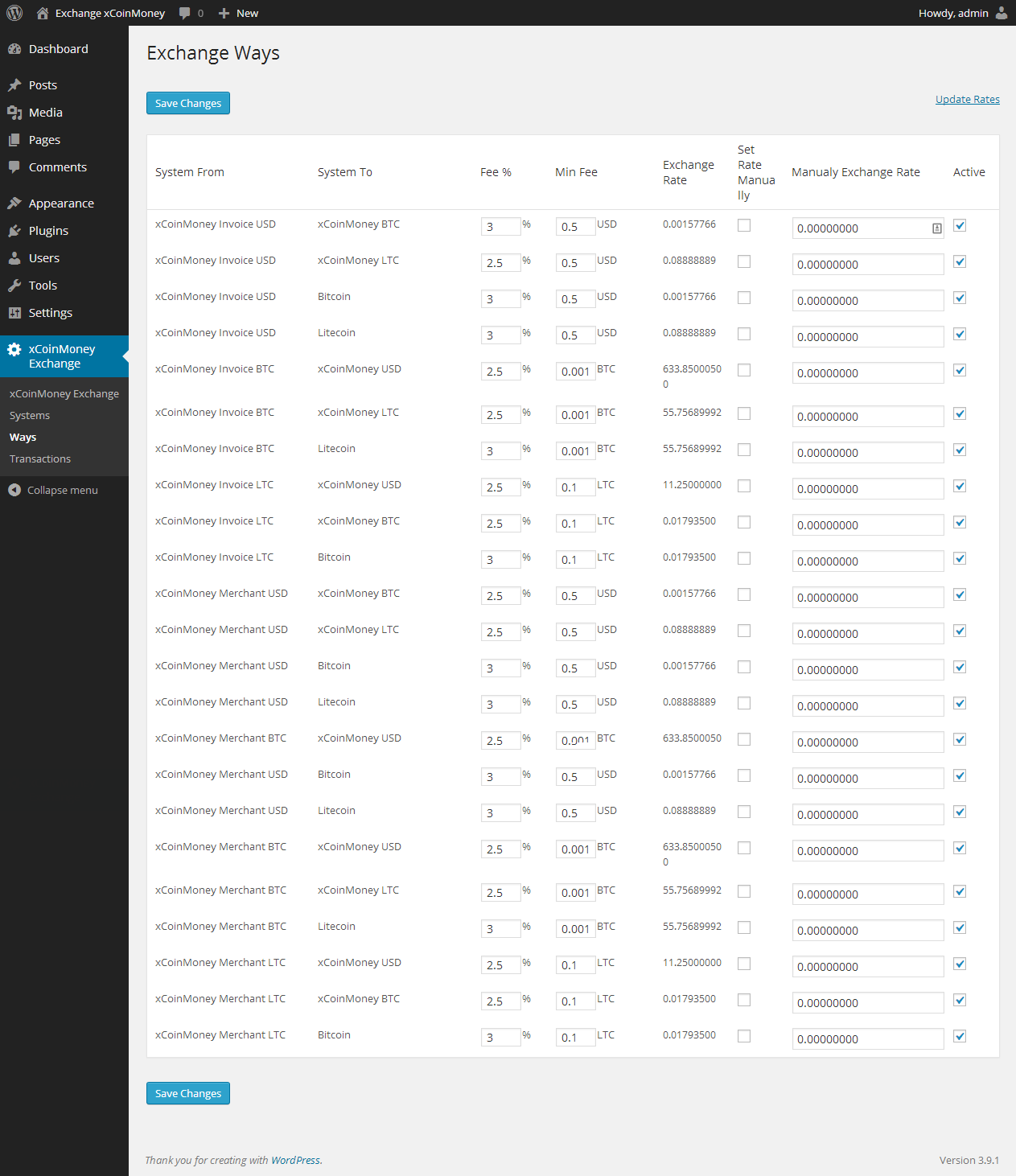 Admin Dashboard - Manage Fees and Rates for Exchange Ways