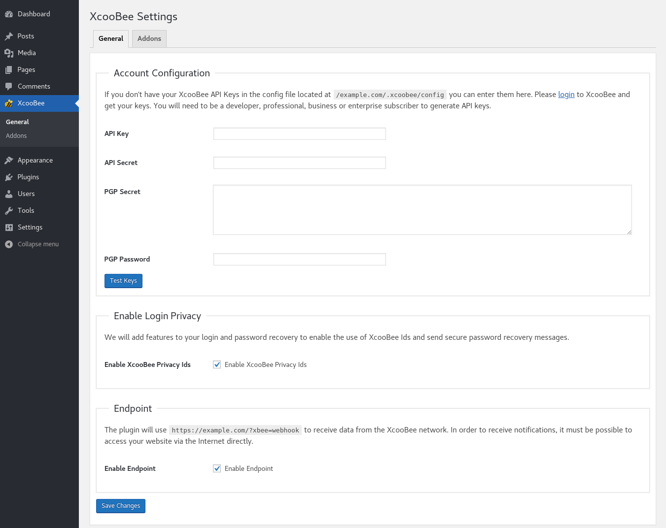 The XcooBee settings panel.