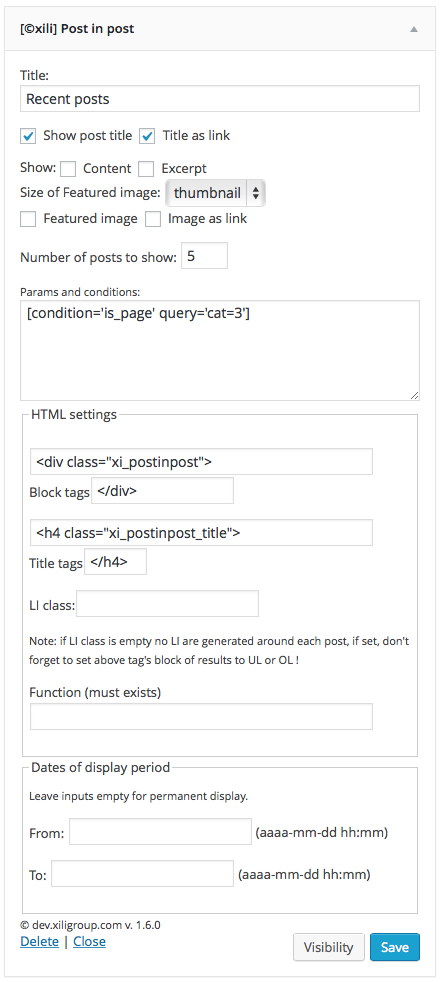 widget settings UI for a simple conditional query and all display/input options set.
