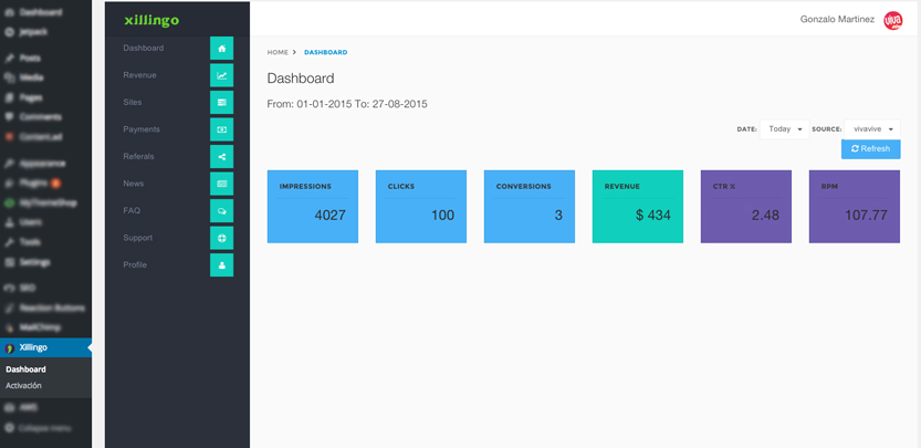 **Dashboard shows you how the widget is performing / Dashboard que te muestra el rendimiento de tu Widget y cuánto dinero has ganado **