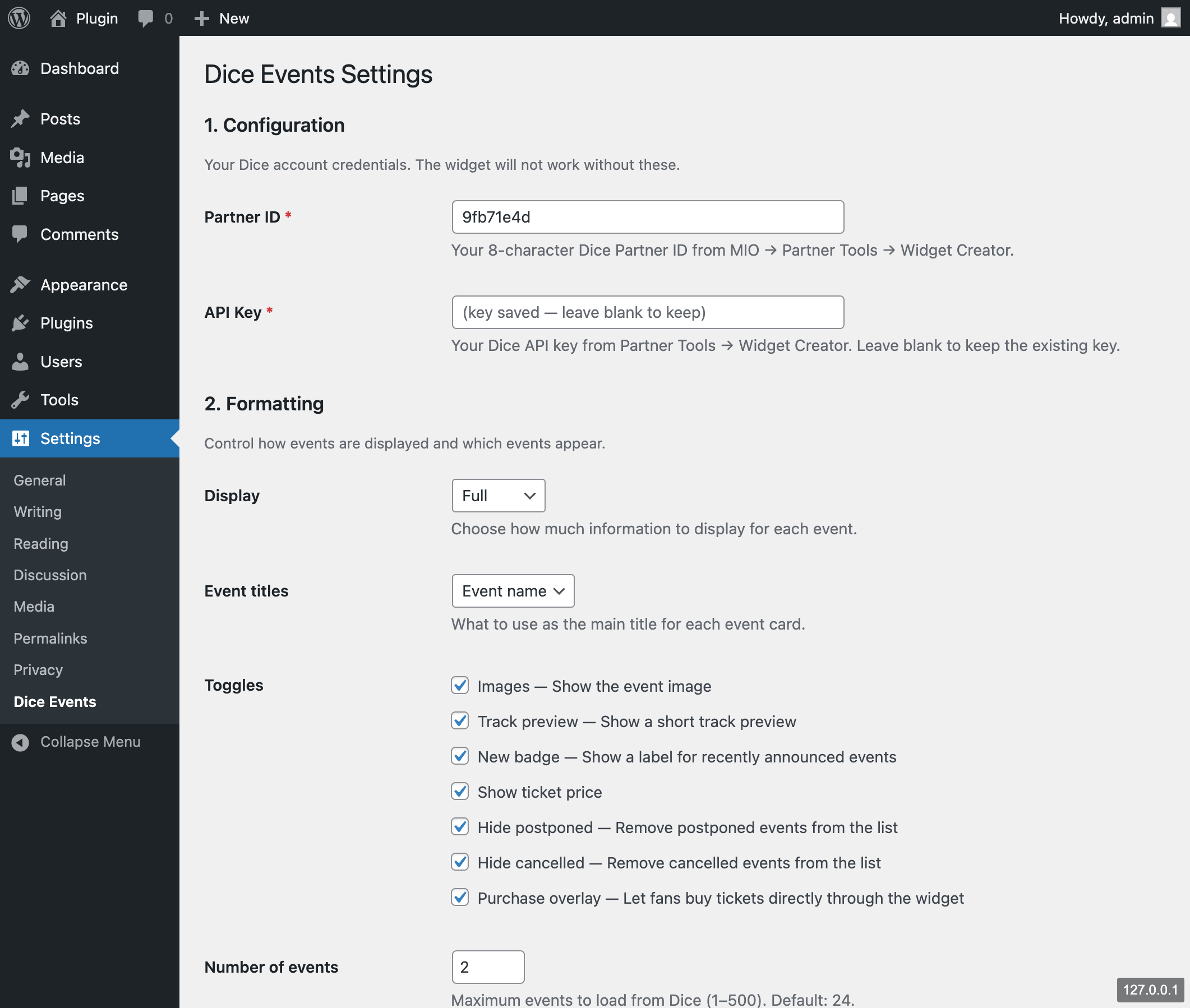Settings page — Configuration and Formatting sections (Partner ID, API Key, display mode, event titles, toggles, number of events)