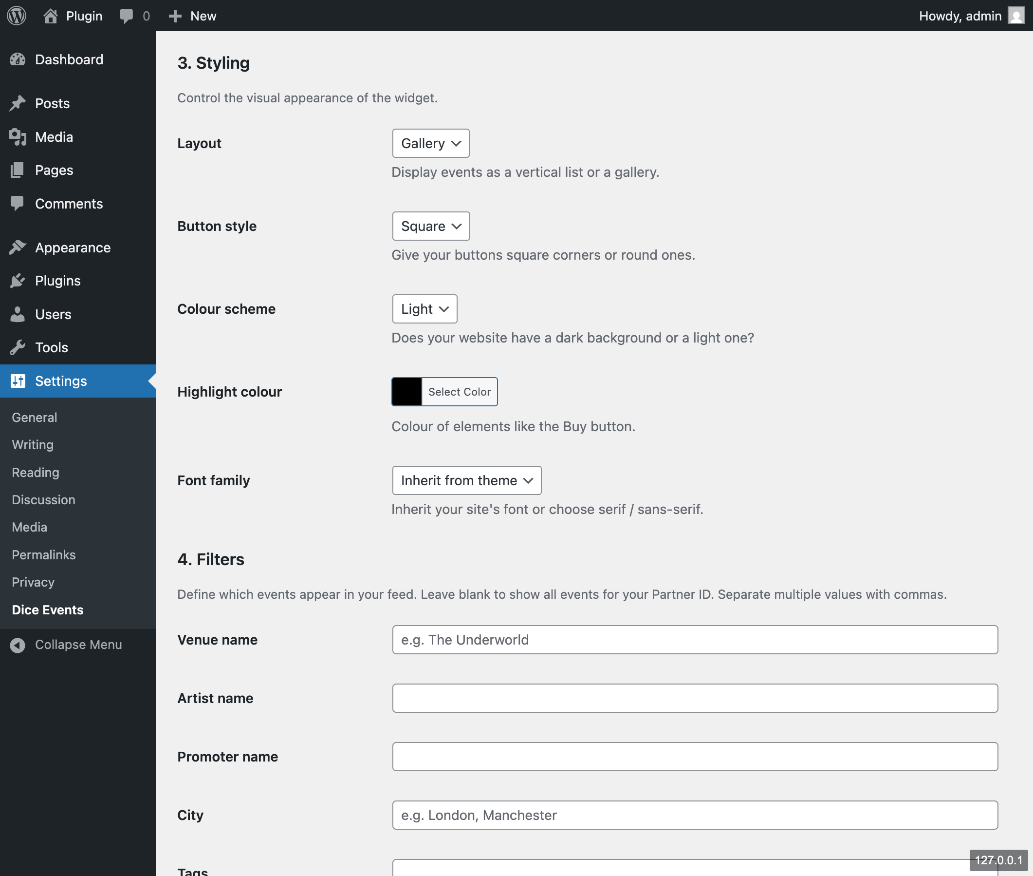 Settings page — Styling and Filters sections (layout, button style, colour scheme, highlight colour, font family, venue/artist/city filters)