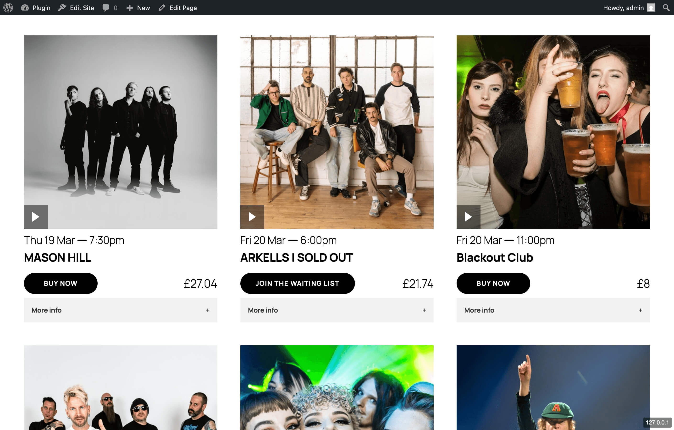 Gallery layout on the frontend showing live event listings with images, prices, and buy buttons