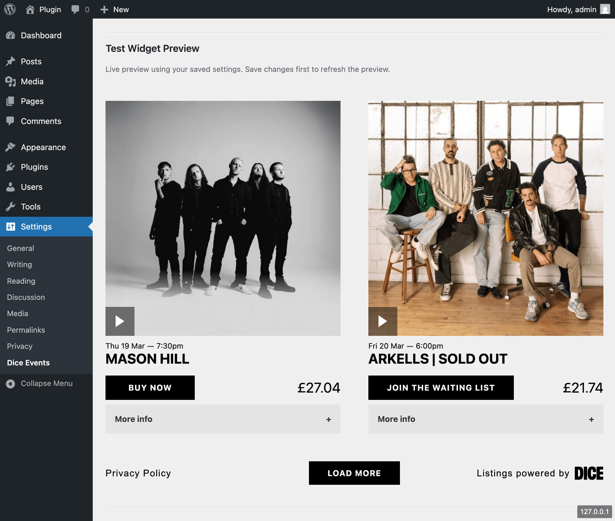 Live Test Widget Preview on the settings page — see exactly how your events will look before embedding