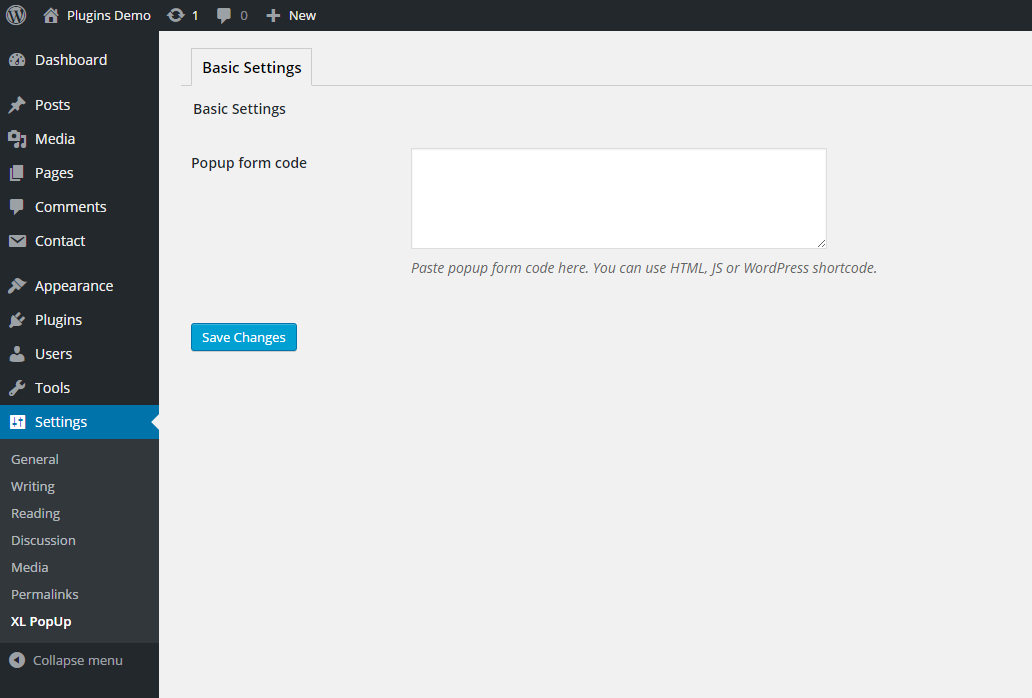 XL PopUp Setting page