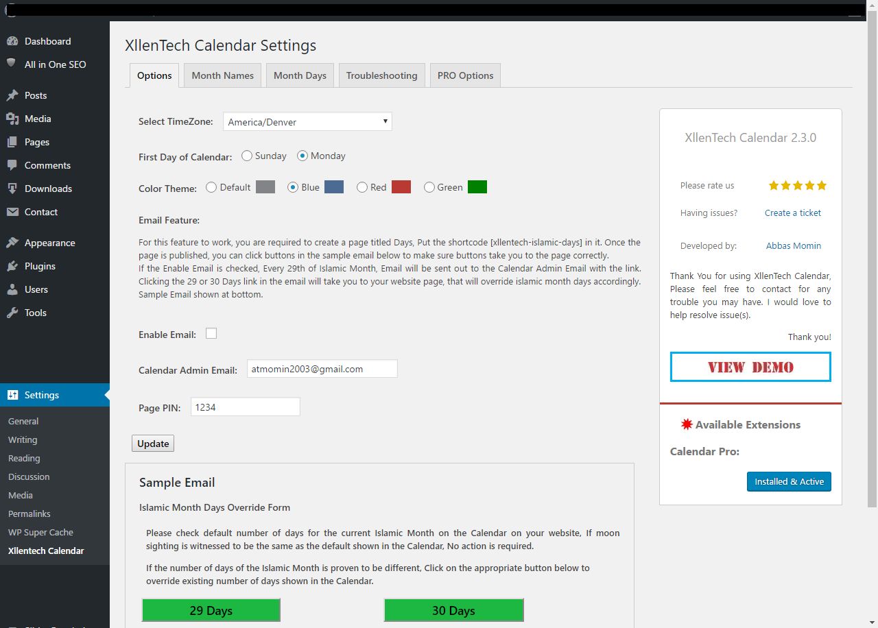 Calendar Admin Page Options