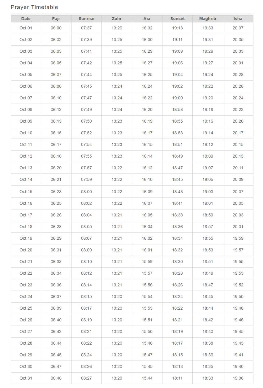 Monthly Salat Timetable