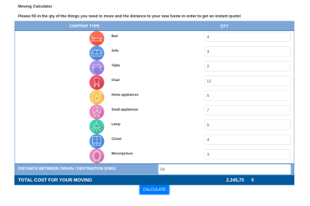 Example calculator built using XLSJuice: Instant quote for moving company