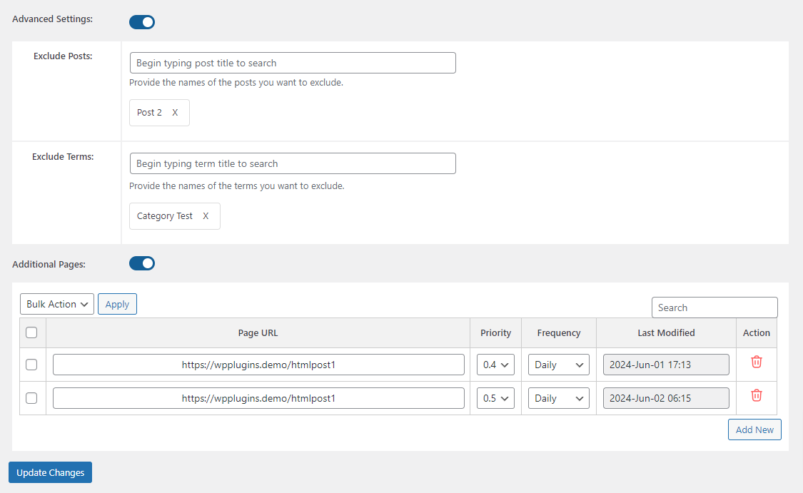 Exclude posts and terms. Additional settings are provided for the Page Option: Add custom URLs that are not part of the WordPress site but are from the same domain.