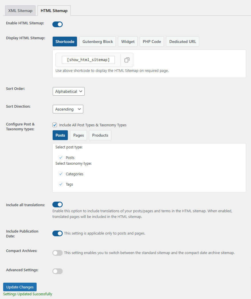 HTML Sitemap Settings: Customize your HTML sitemap with our comprehensive settings.