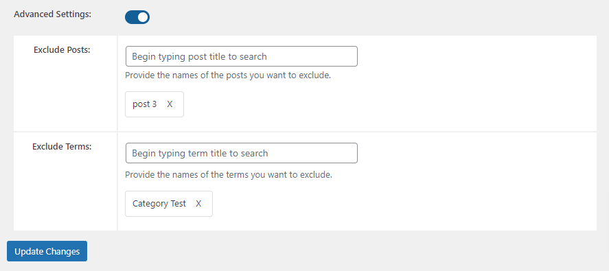 Advanced Settings to exclude posts and terms from the HTML Sitemap.