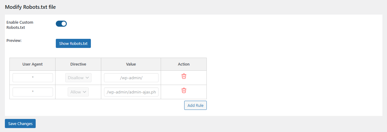 Modify Robots.txt file settings