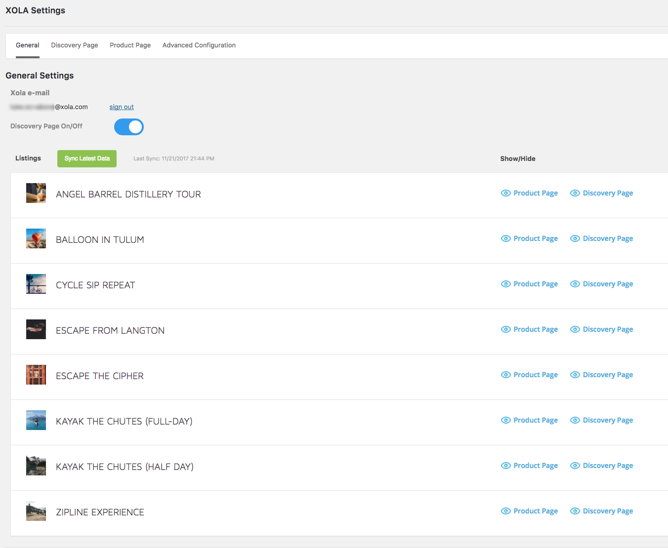 Settings page with options to make each listing visible/hidden.