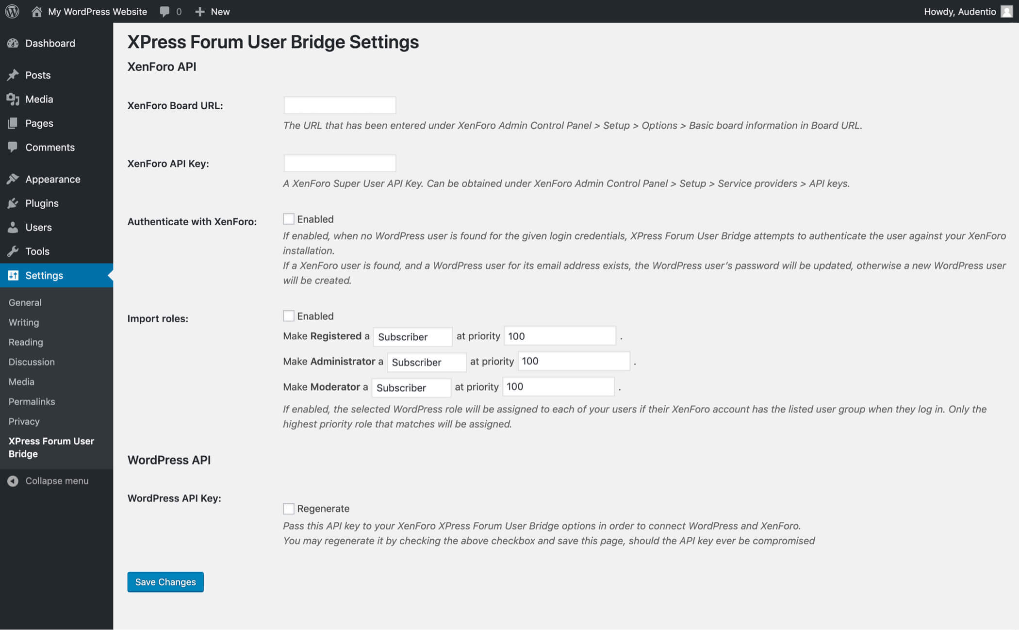 Screenshot of the options section for XPress Forum User Bridge within WordPress under the Settings section.