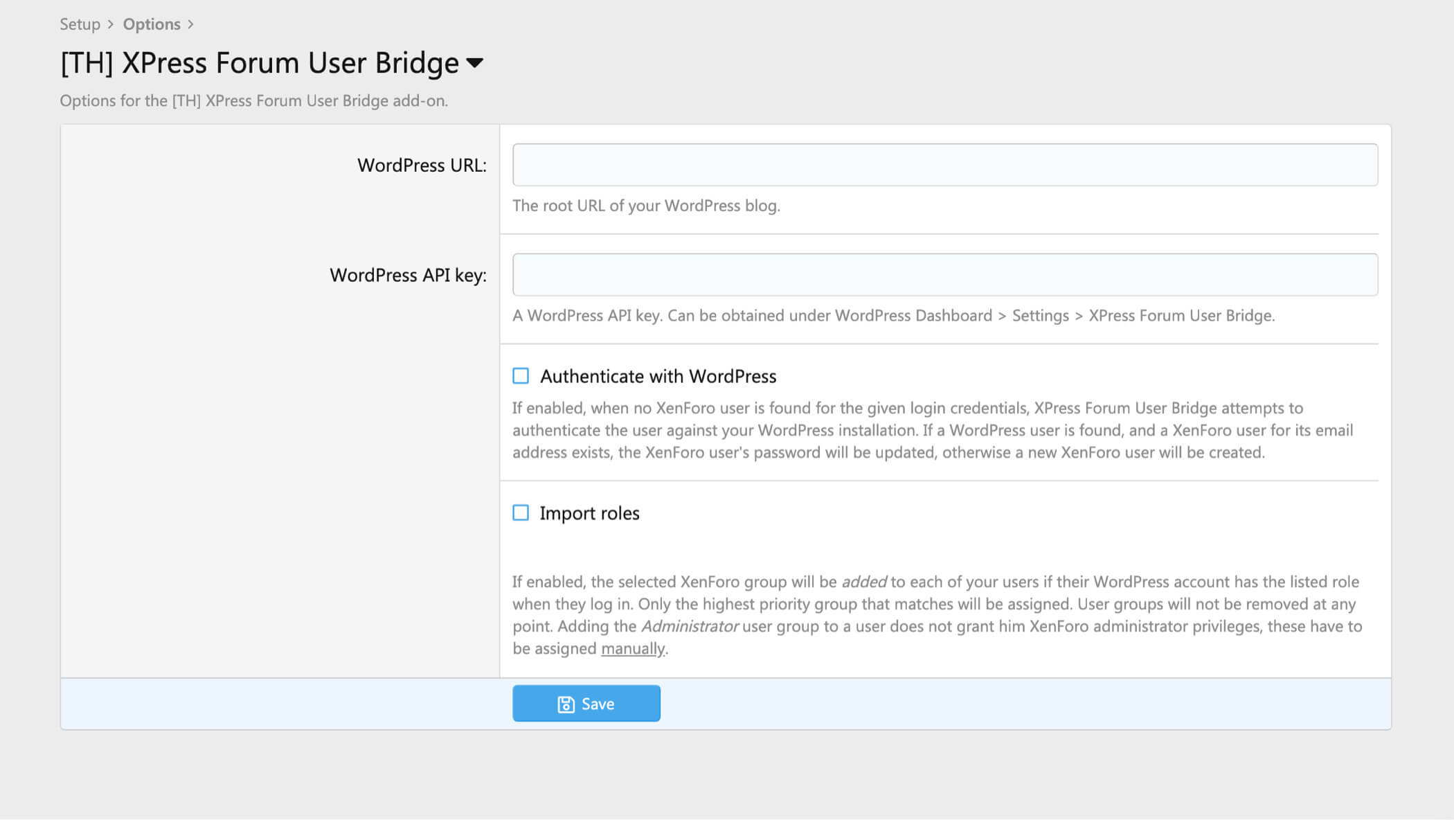 Screenshot of the options section for XPress Forum User Bridge within XenForo under the Options section.