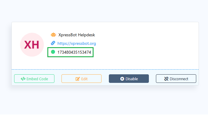 **XpressBot** – Webchat ID page from Xpressbot.org.