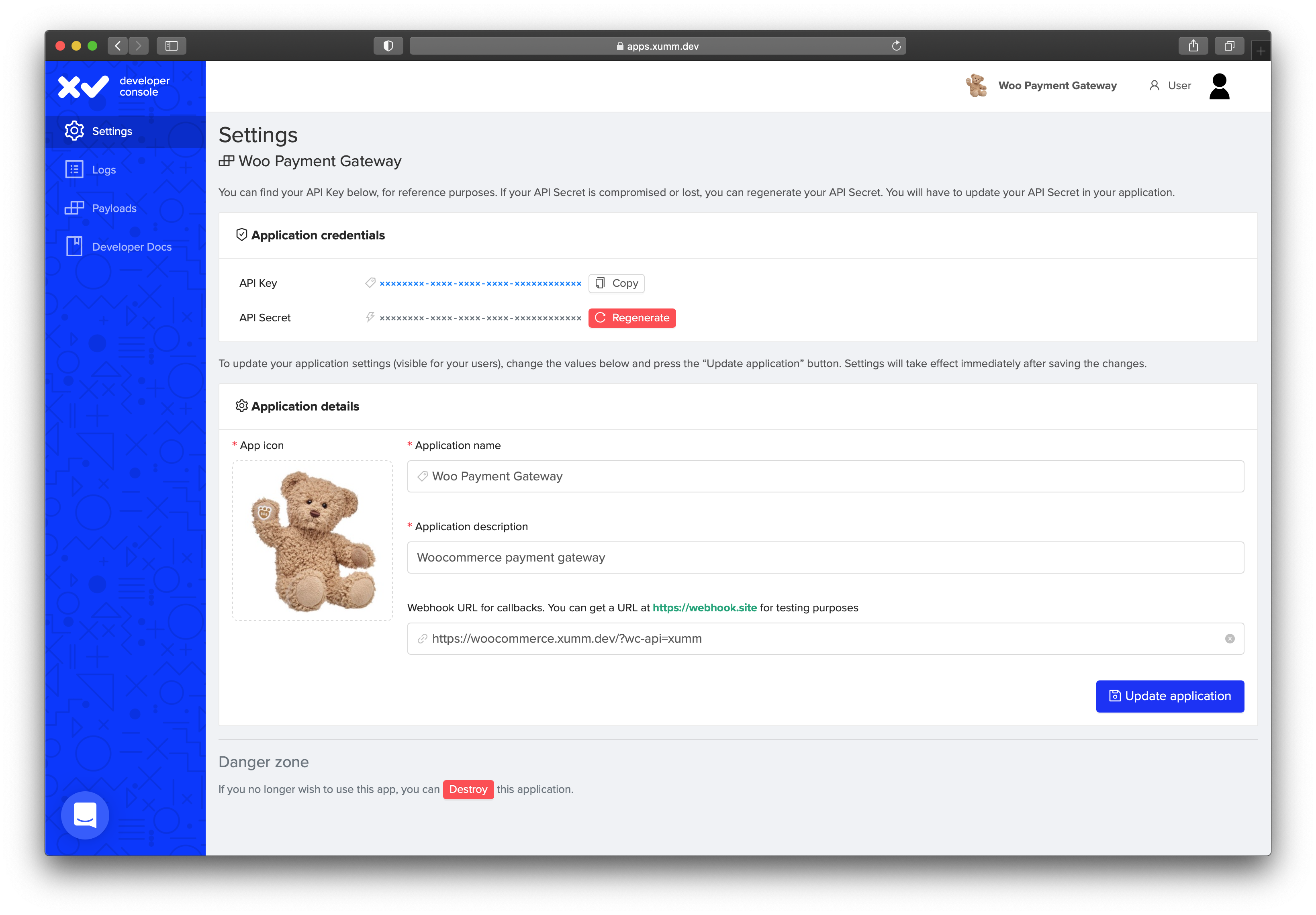 The setup page in the admin panel on the XUMM api.