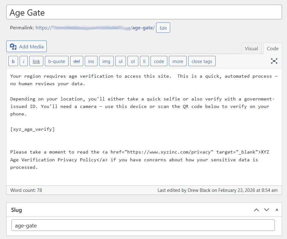 Age gate page with QR code and verification options