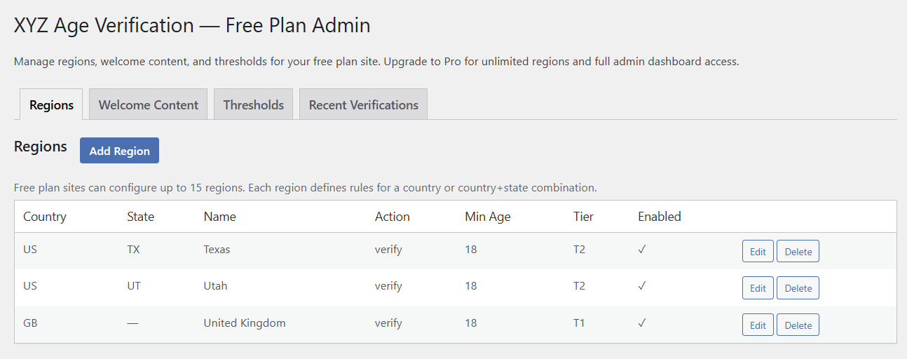 Free Plan Admin — region management with minimum age