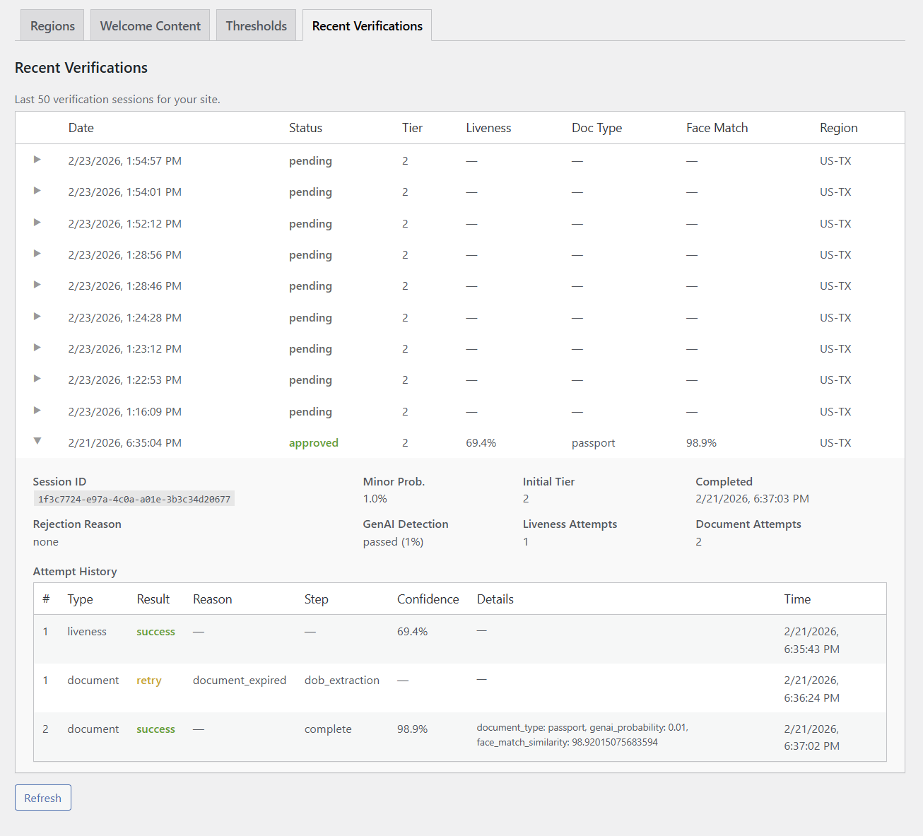Free Plan Admin — recent verifications with detailed attempt history