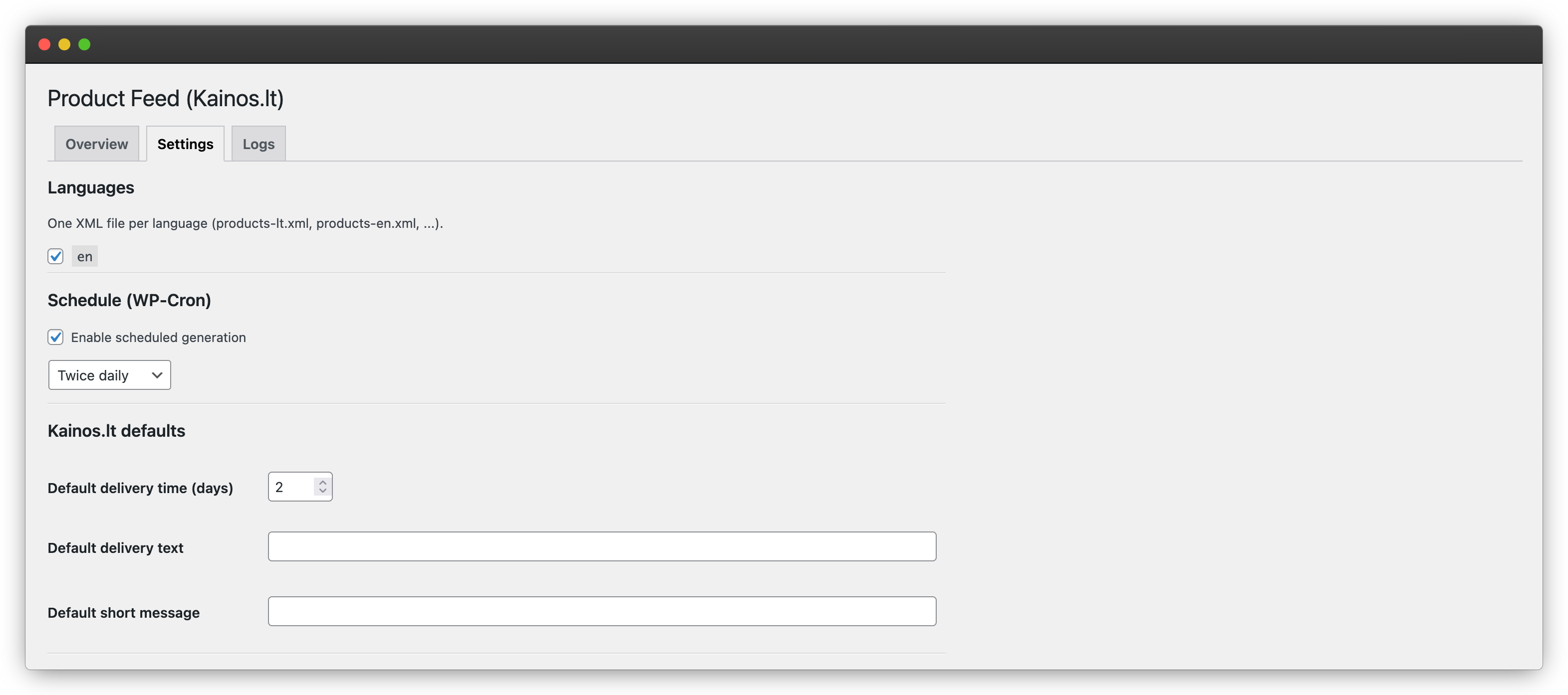 Settings (languages, schedule, defaults).