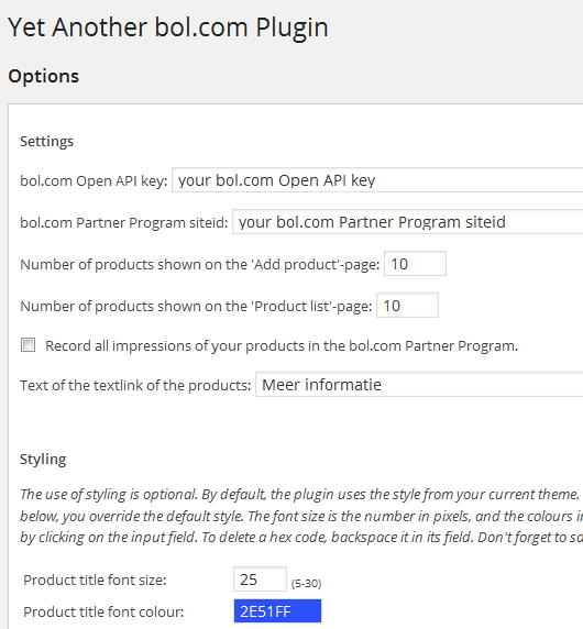 Options page of the plugin
