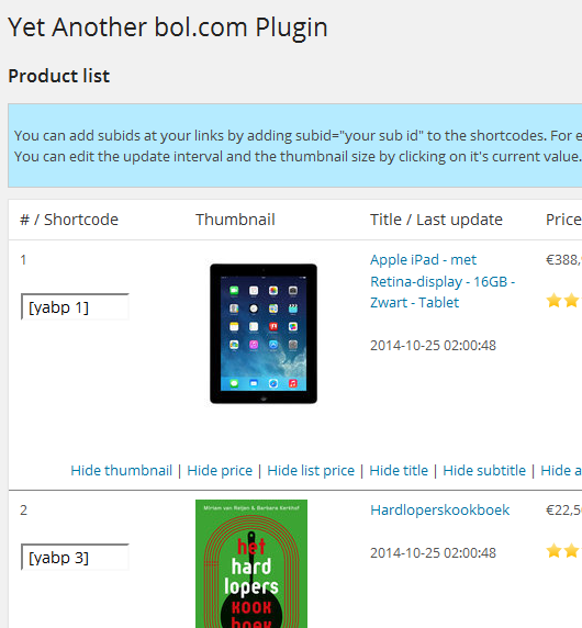 Product list of the plugin