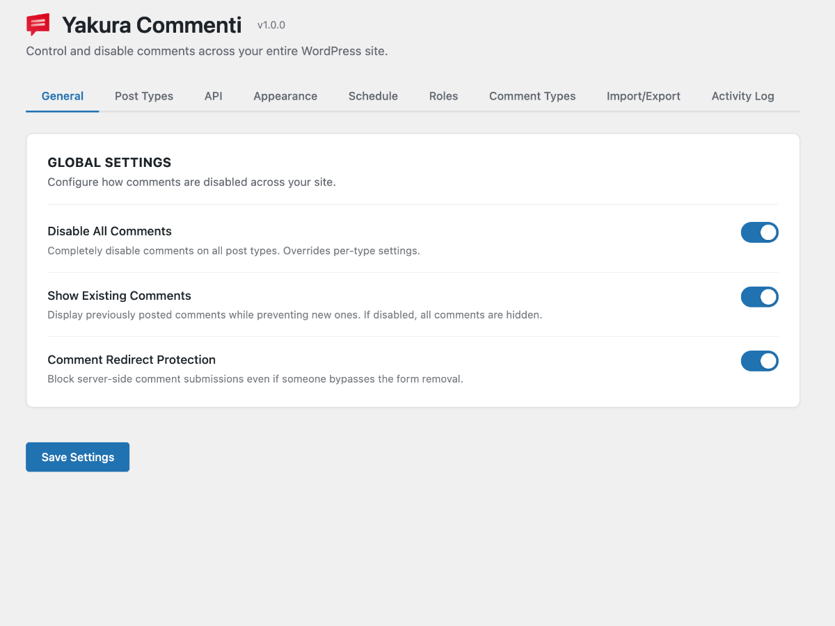 Settings page with per-post-type comment controls