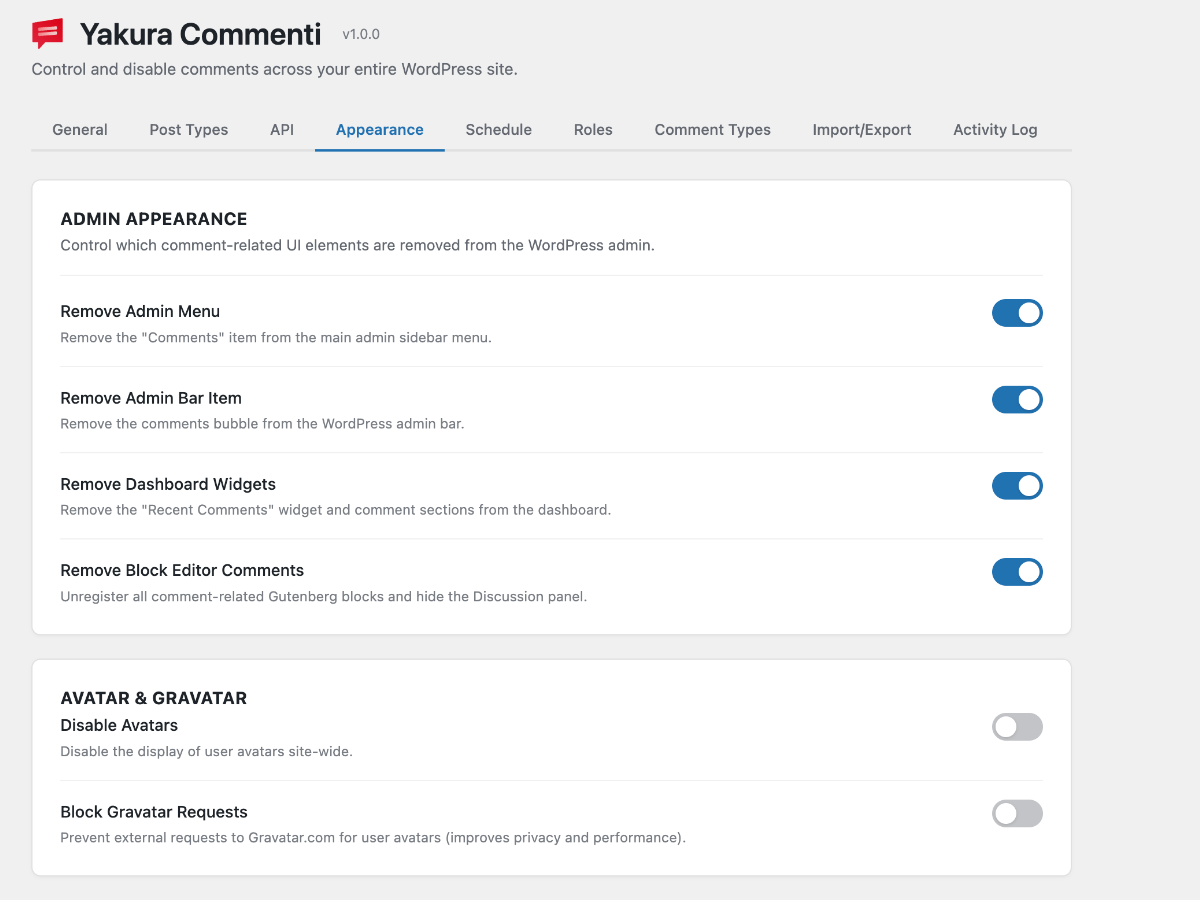 Tools page with bulk comment deletion and statistics preview