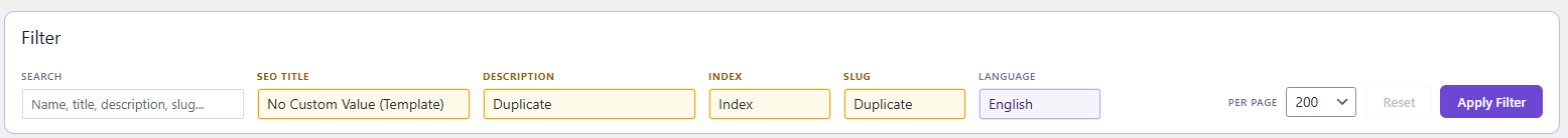 Filter panel for finding template values, custom values, duplicate values and noindex pages.