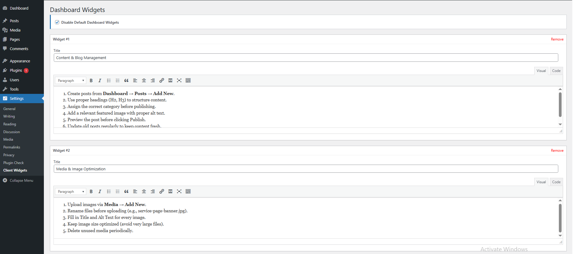 The settings page where you can add and manage multiple widgets.