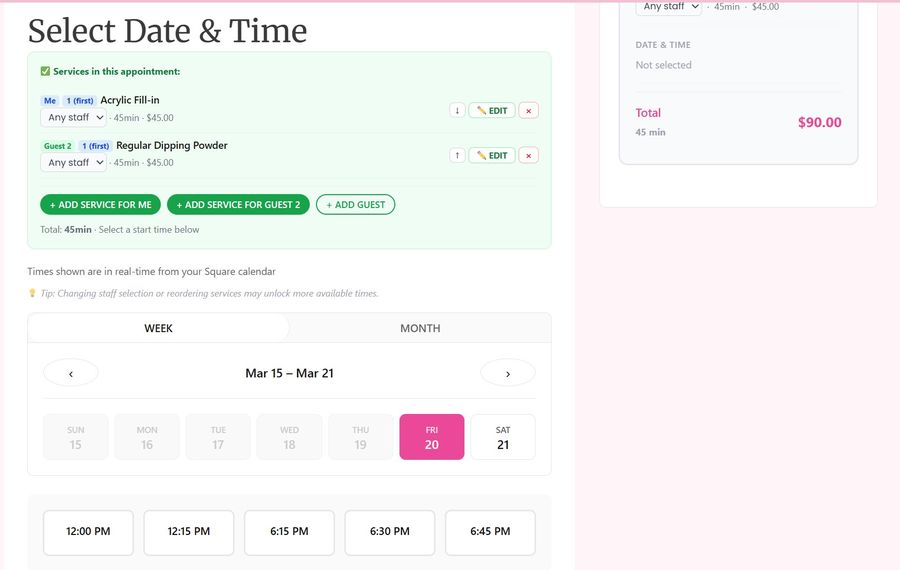 Date & time picker — multi-service booking with guest support and real-time availability