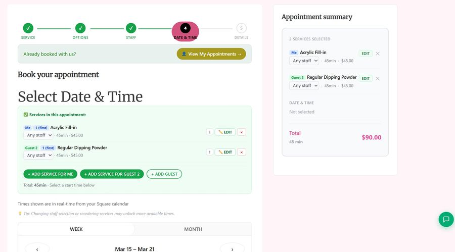 Full booking view — step progress bar, service summary, and appointment sidebar