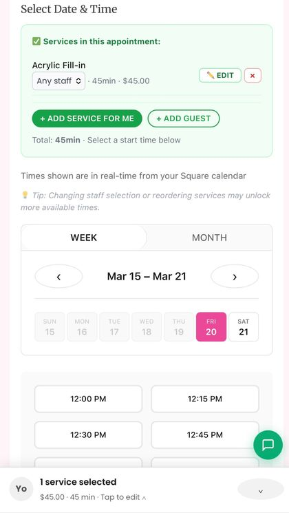 Mobile — calendar and floating cart bar