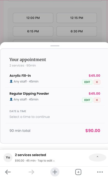 Mobile — cart drawer showing appointment summary