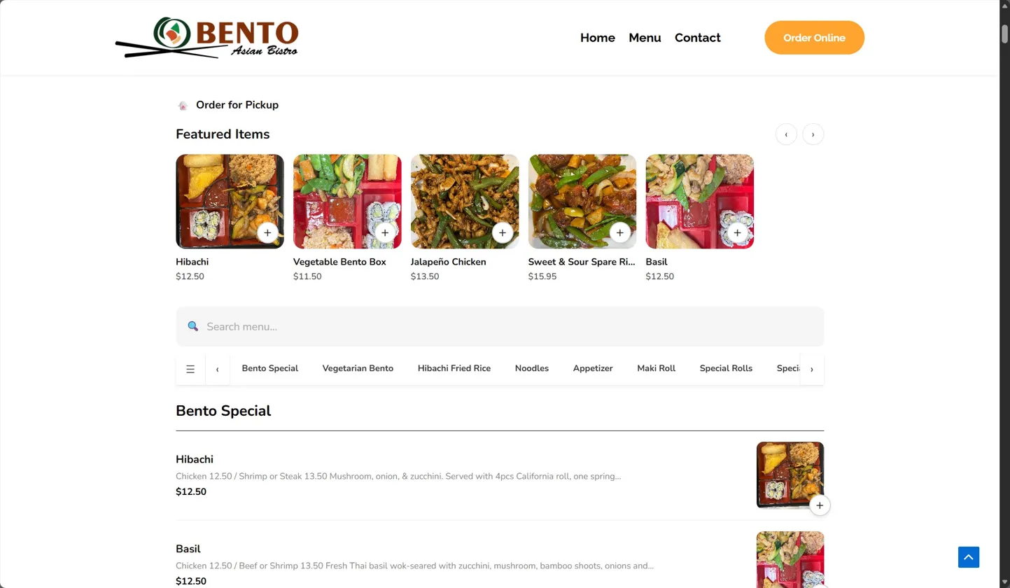 Featured Items carousel and full menu with category tabs - customers can browse and add items with one tap.