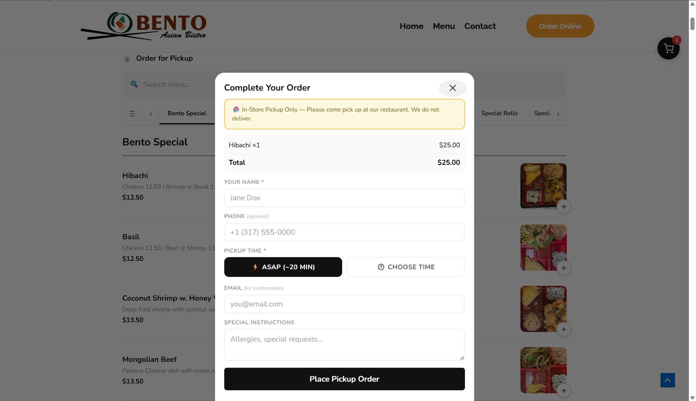 Order confirmation popup - customers see their order number, total, and pickup time instantly after placing an order.