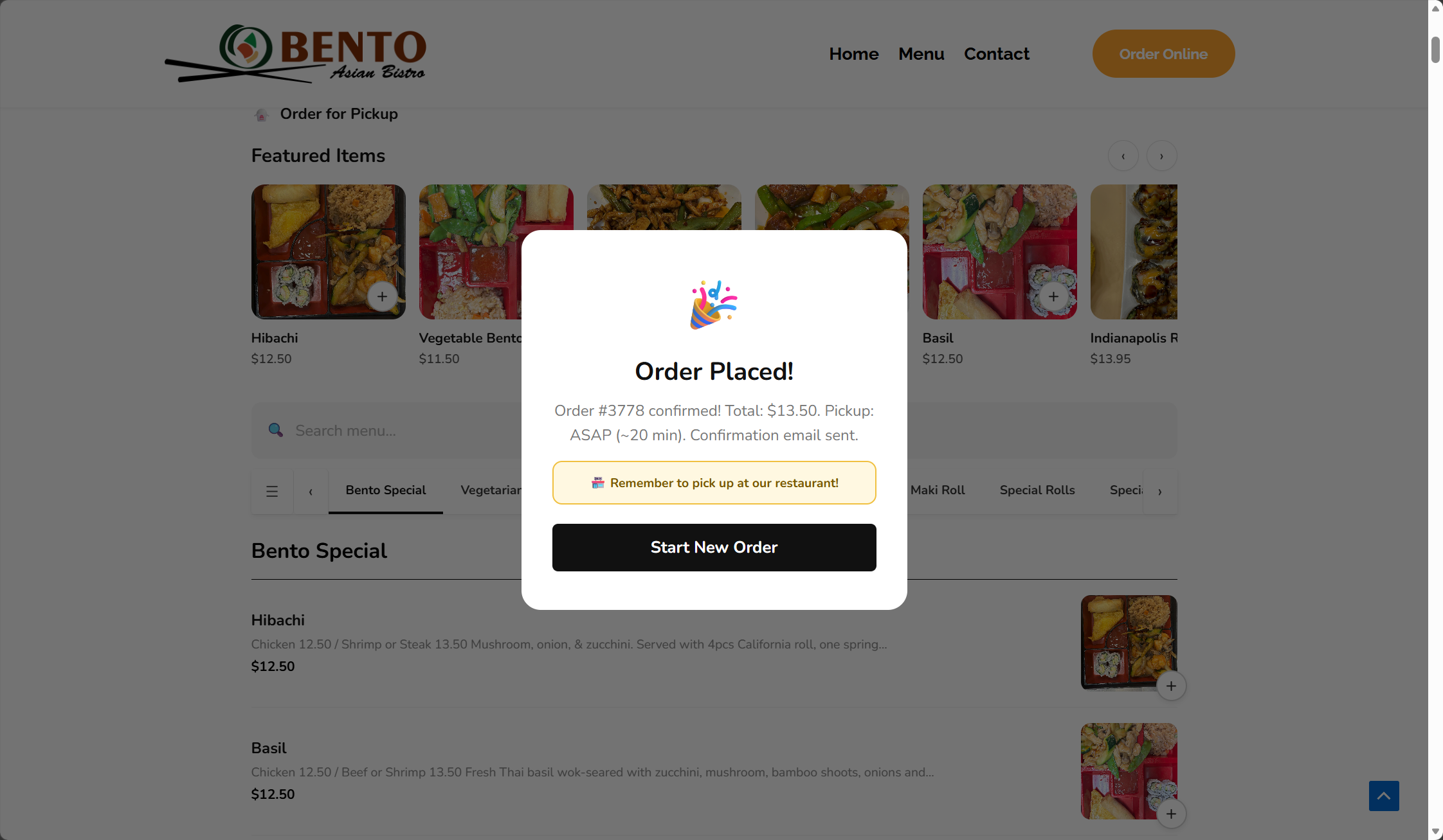 Checkout modal - customers enter their name, phone, pickup time, and special instructions before placing a pickup order.