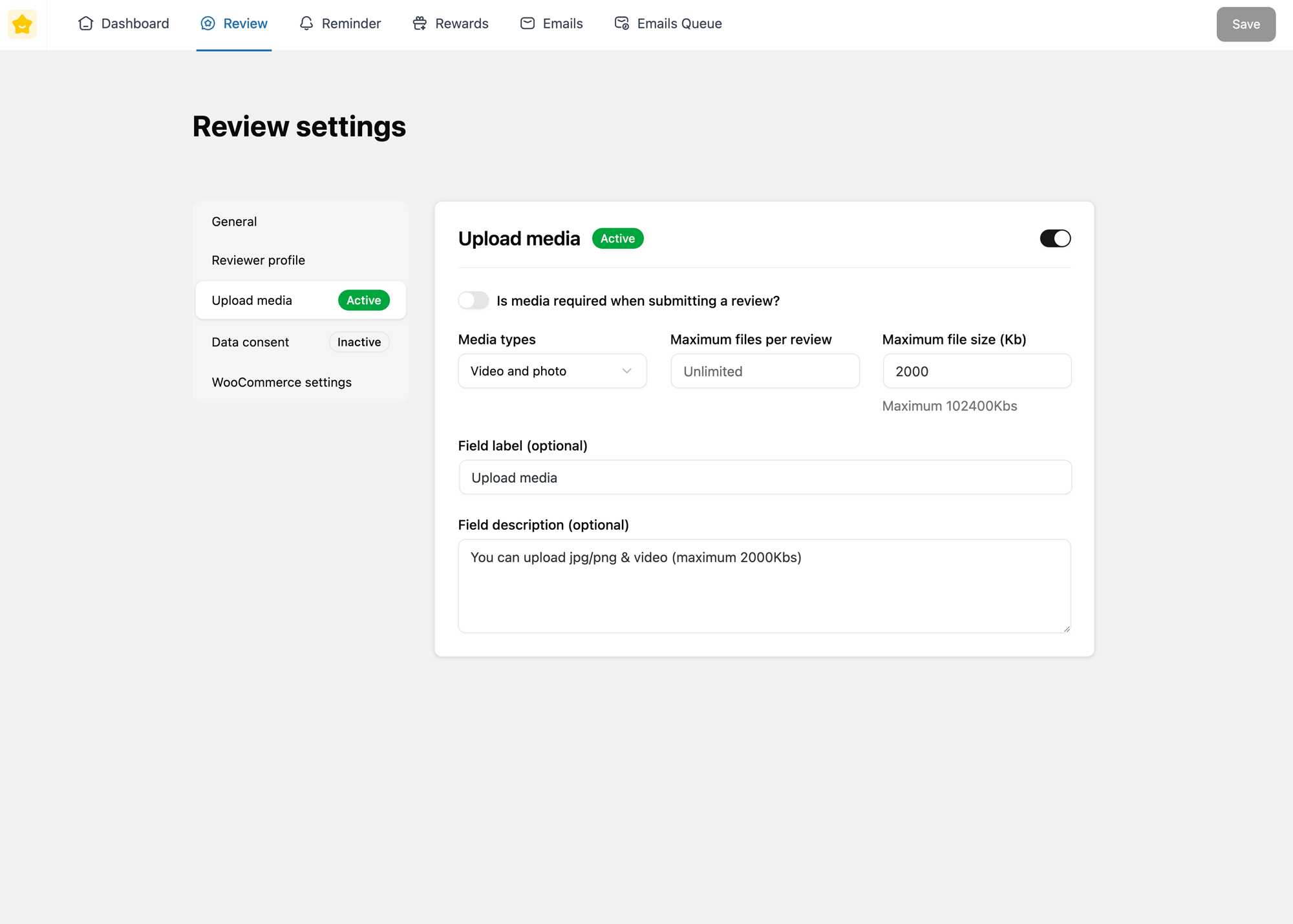 Review settings