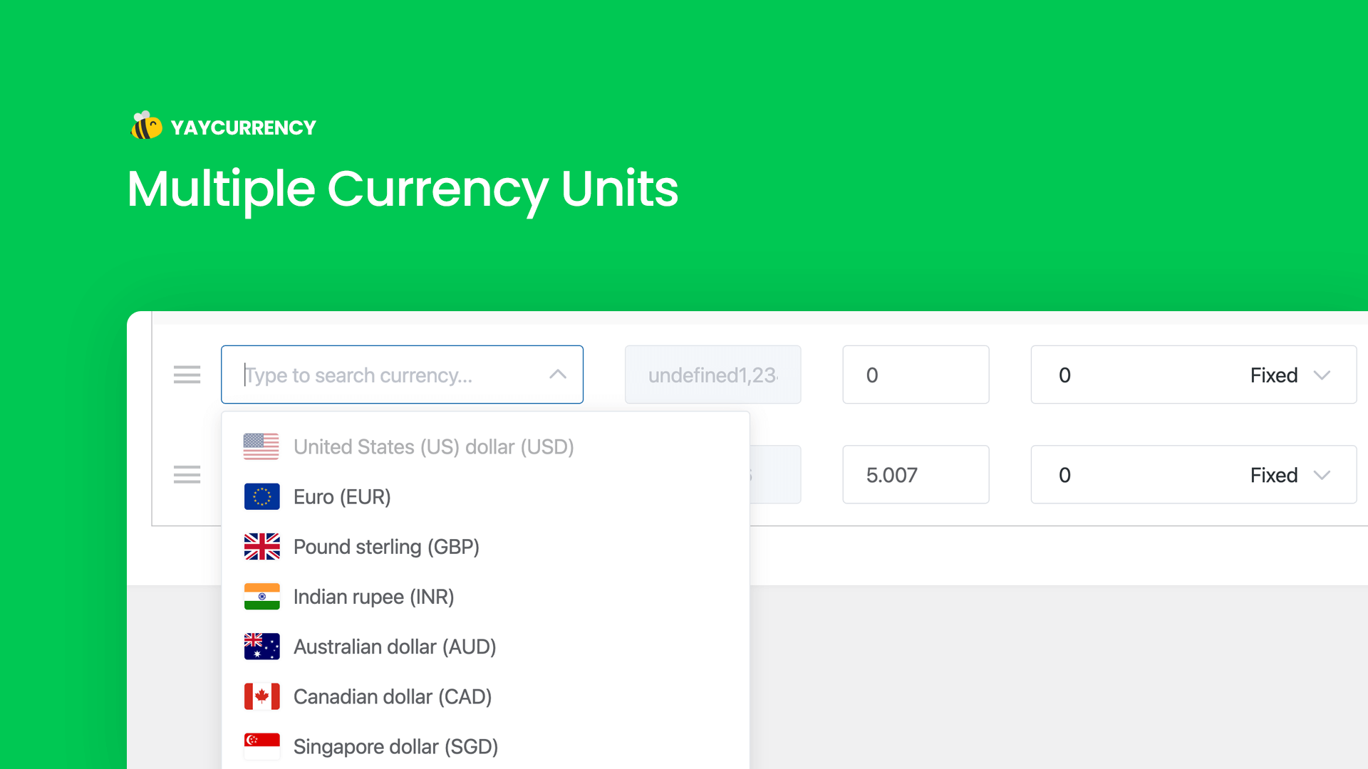 Select multiple currency units, preview, drag and drop to reorder them