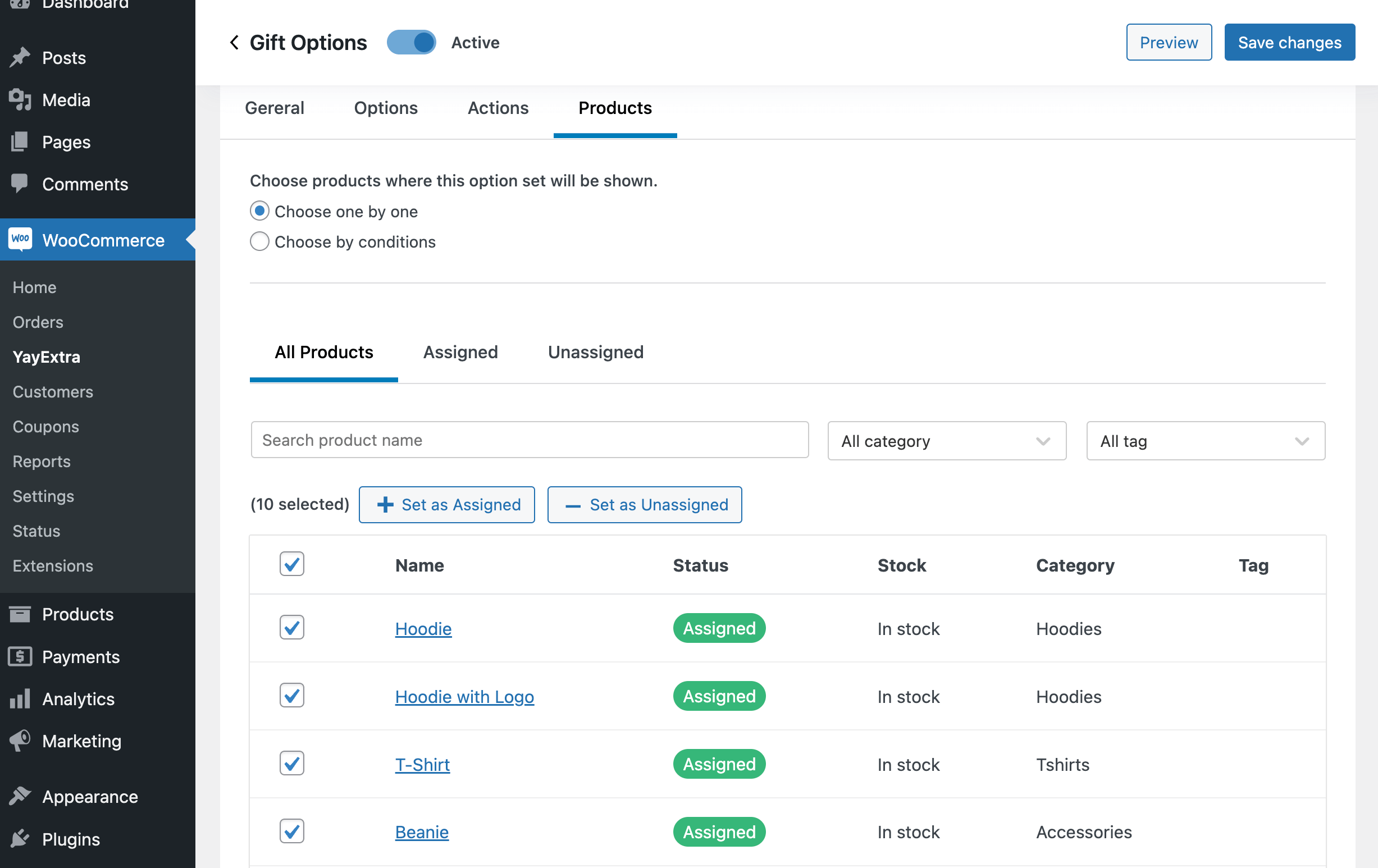 Assign the product option set to the selected products in bulk